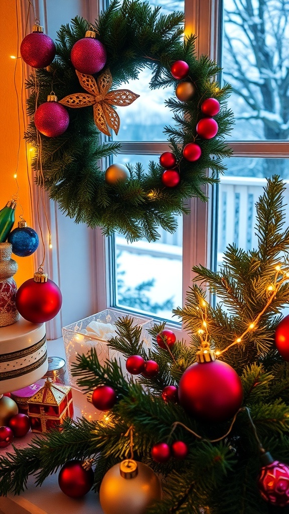 A collection of DIY Christmas decorations including ornaments, a wreath, and string lights, arranged for a festive display.
